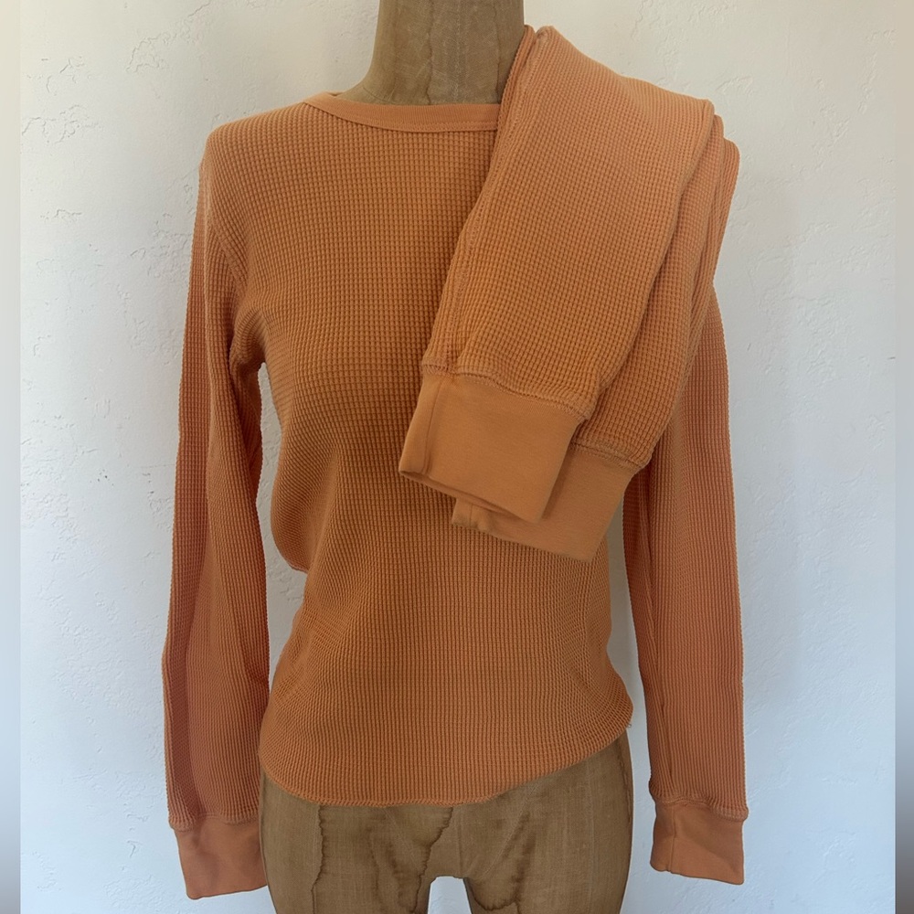 Orange Waffle Knit Long Sleeve and Pants Noble Pajama Set Pima Cotton - M